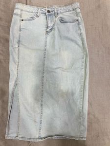Light Wash Denim Midi Skirt with Slit