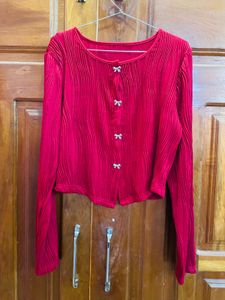 Chic Red Pleated Button-Up Top