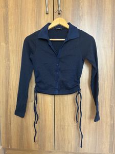 Navy Ruched Collared Long Sleeve Top
