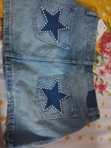 Denim Skirt with Star Embellishments