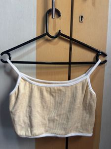 Tan Ribbed Crop Top with White Trim