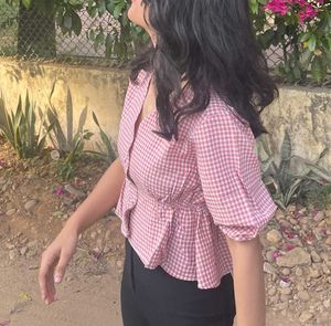 Chic Pink Gingham Peplum Top