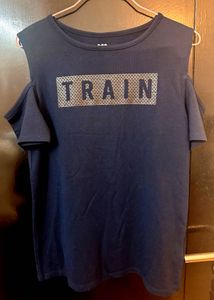 Navy Cold Shoulder "TRAIN" T-Shirt