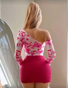 Cute Pink Heart Print One-Shoulder Top