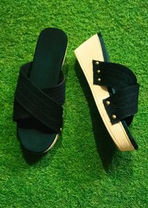 Black Cross-Strap Wedge Sandal