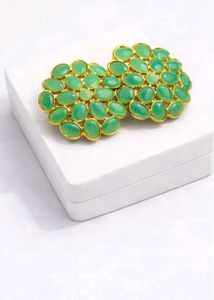 ✨ Green Stone Floral Stud Earrings | Gold Finish |