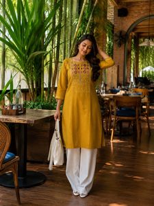 Mustard Yellow Embroidered Kurta