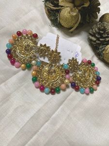 earings-mang tika set |bead and gold plated | Amer