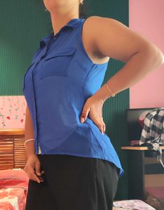 Blue Sleeveless Collared Shirt