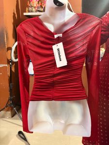 Red Sheer Ruched Long Sleeve Top