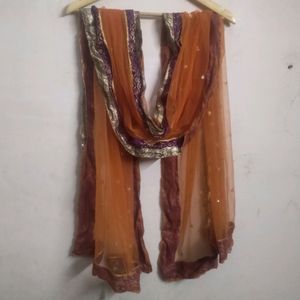 Orange Net Dupatta With Brocade Purple Border