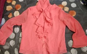 Sheer Coral Ruffle Blouse