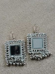 Mirror Work Square Dangler Earrings oxidized