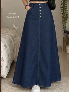Denim Maxi Skirt with Button Front
