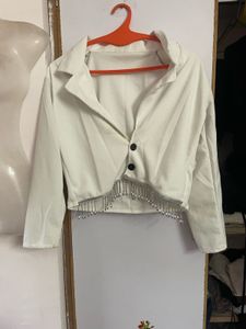 White Cropped Blazer with Silver Fringe