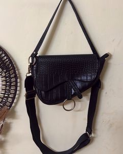 Chic Black Croc Embossed Saddle Bag