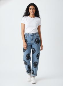 Smiley Face Print Denim Jeans