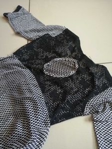 *Black White Checkered Lace Yoke Midi Dress with W