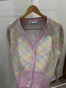 ZARA Pastel Argyle Pattern Knit Cardigan