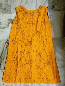 Yellow Embroidered Sleeveless Kurti