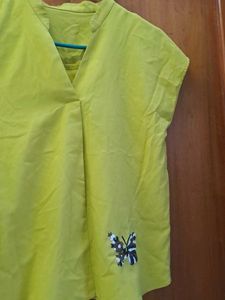 Vibrant Lime Yellow Top with Butterfly Embroidery
