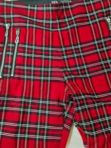 Red Plaid Zipper jeggings