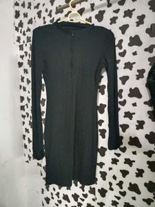 Black Ribbed Zip-Up Dress