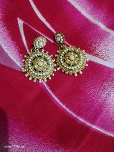 Exquisite Pearl &amp; Gold Tone Jhumka Earrings