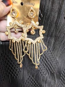 Gold Plated Stone Studded Long Dangler Earrings