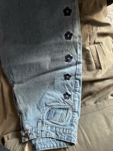 Aesthetic floral embedded light wash jeans