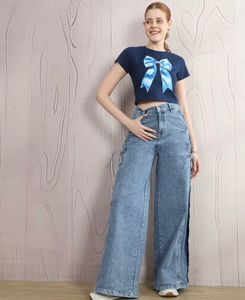 Cute Navy Blue Bow Crop Top