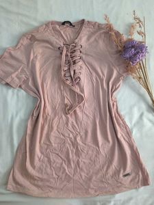 Pink Lace-Up T-Shirt Dress