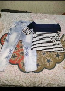 Striped top with distressed jeans