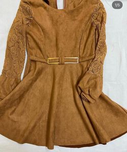 Brown Suede Lace Sleeve Dress