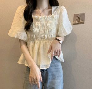 Korean Pinterest White Smocked Puff Sleeve Top