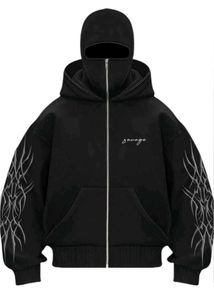 Black Graphic Zip-Up Hoodie with Balaclava