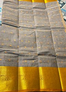 Grey Cotton Tant Saree with Golden Border