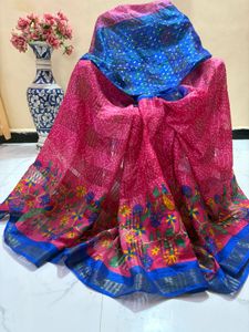 Vibrant Pink &amp; Blue Bandhani Saree