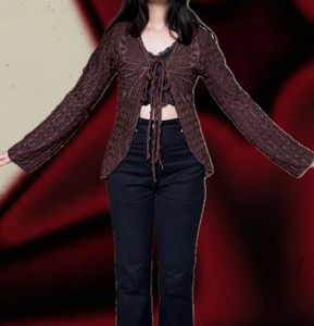 New Me Brown Butterfly Tie-Front Top