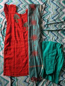 Rust orange rawsilk front open kurta set