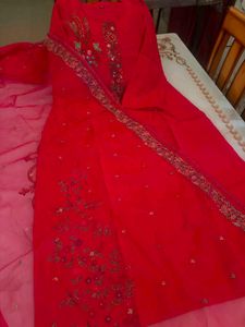 Embroidered Red Kurta with Dupatta and Plazo