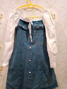 Denim Button-Down Dress with White Puff Sleeves
