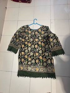 Embroidered Black Kurta with Green Lace
