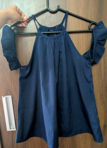 Navy Blue Ruffle Sleeve Cold Shoulder Top