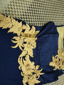 Elegant Navy Blue Dress with Gold Embellishments