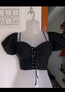 Trendy Black Corset Puff Sleeve Top