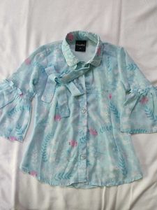 Charming Blue Floral Bell Sleeve Blouse