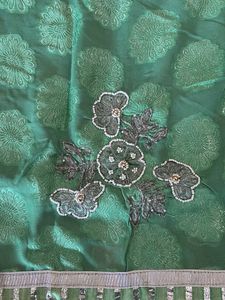 Green Embroidered Saree with attached blouse Piece