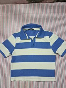 Blue & White Striped Cropped Polo Shirt