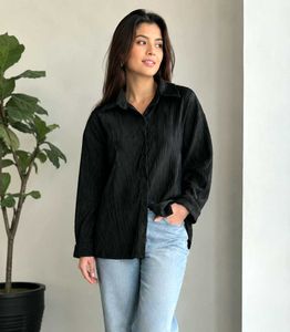 Chic Black Pleated Button-Up Shirt size-56